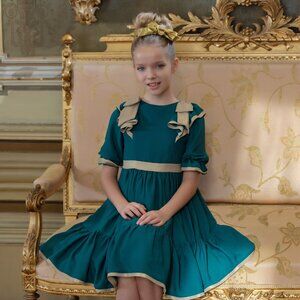 Patachou ! Girls Green & Gold Bow Chiffon Dress ( Y 10)